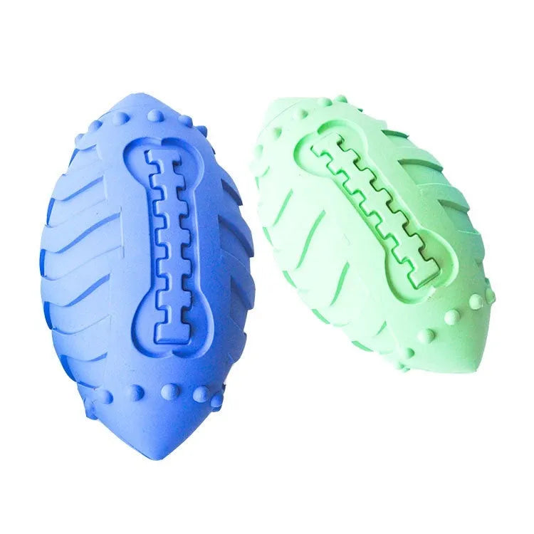 Light green or sapphire blue bite-resistant rubber dog rugby ball toy for teeth cleaning.