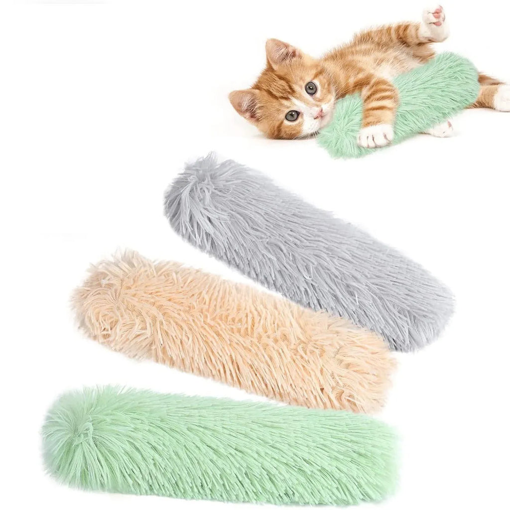 Blue, green, pink, and white plush cat toy pillow measuring 27 by 10 centimetres.