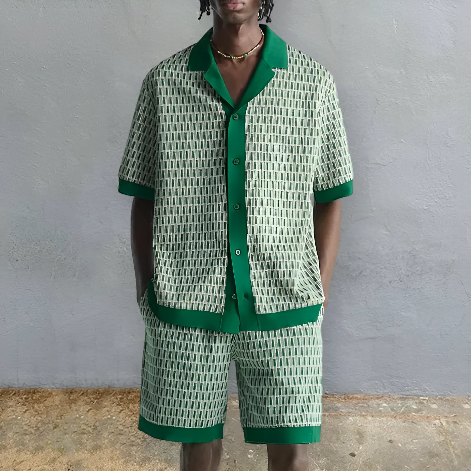 Men's printed short-sleeved shirt and matching shorts two-piece set in MHX01344 colour