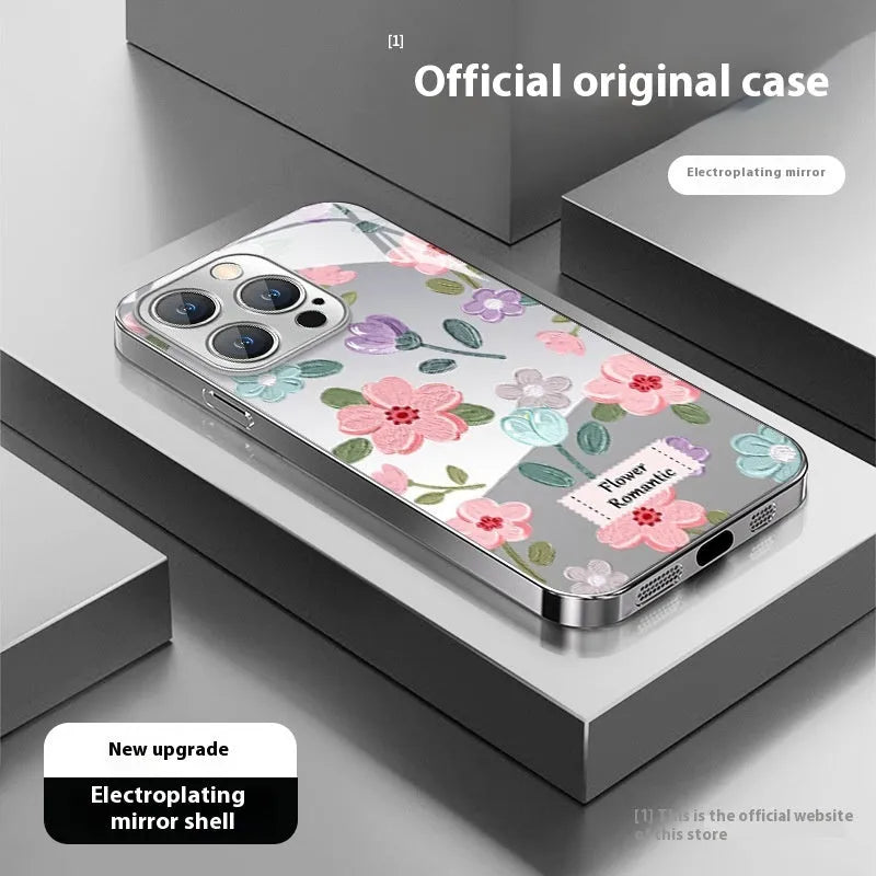 Silver grey electroplated mirror phone case with oil painting flower print on a glass back