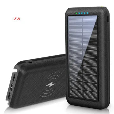Solar power bank with wireless charging surface, three USB ports, and LED flashlight in black colour