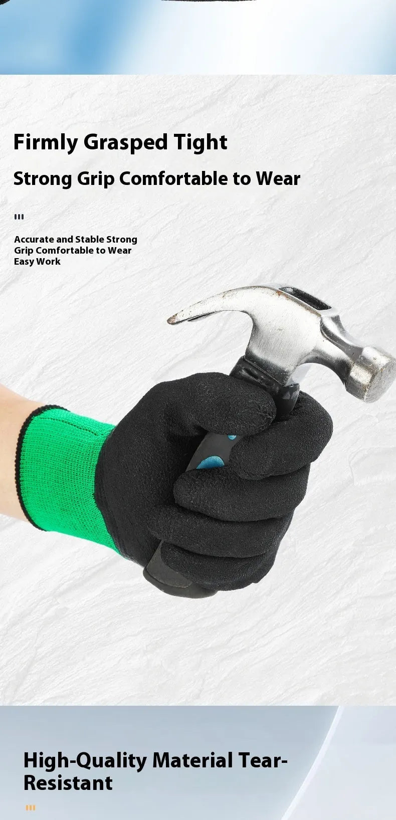 Black and green rubber work gloves showing textured non-slip palm and 13-stitch construction on the back.