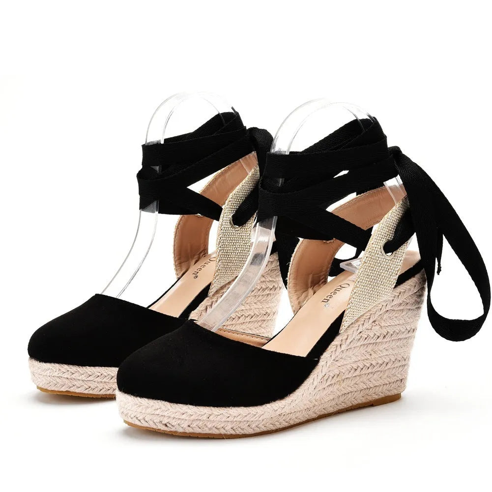 Women's bohemian wedge sandals with round toe platform, buckle closure and bead tassel details
