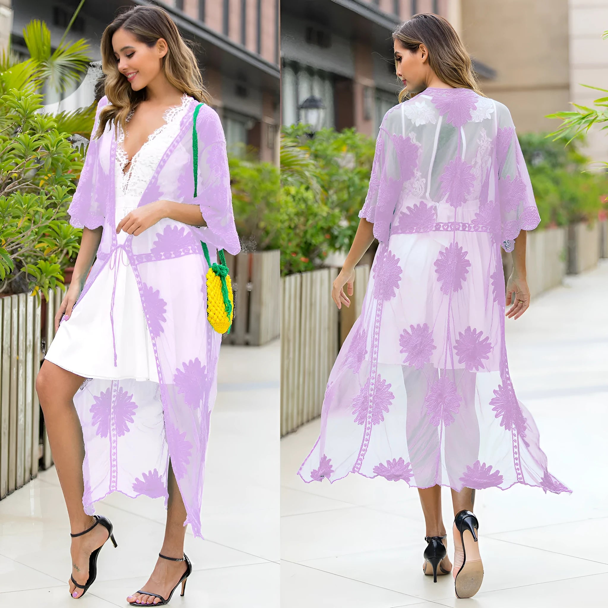 Light purple women's beach dress cardigan with lace embroidery detail.