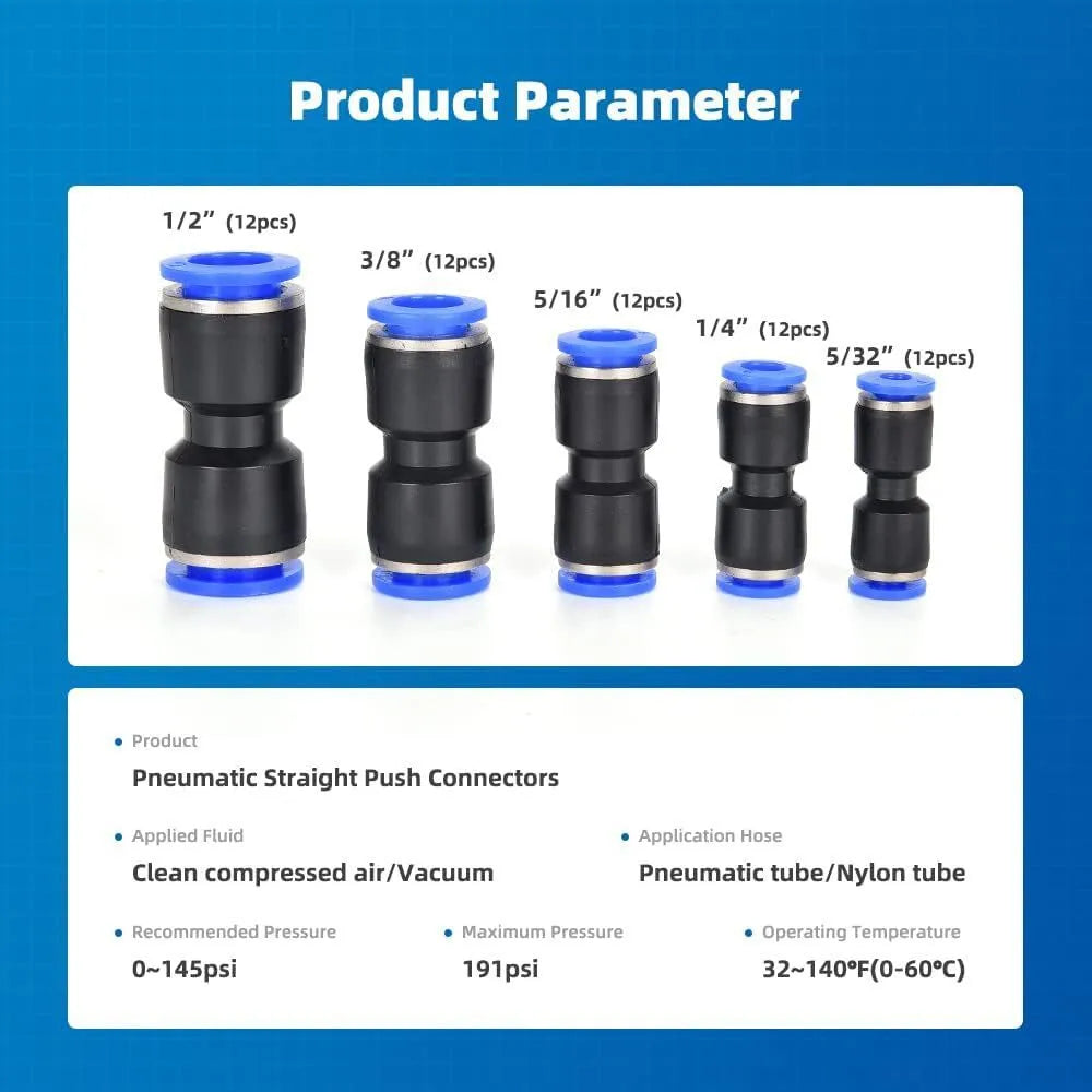 60-piece pneumatic push-in connector set with R1/4 and R1/2 port sizes in alloy plastic