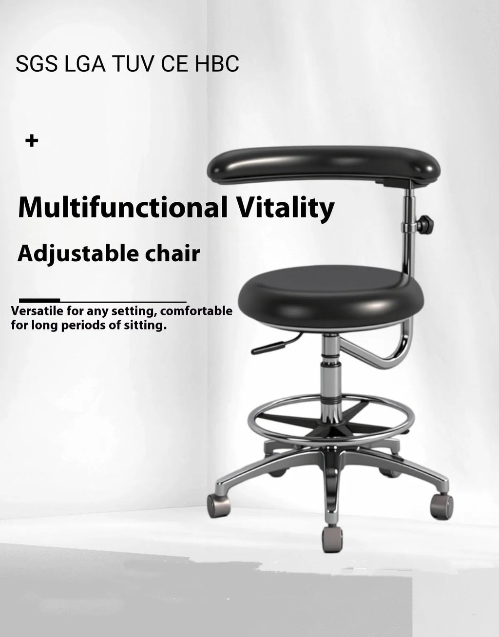 Black leather dental patient chair with adjustable height and base wheels