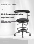 Black leather dental patient chair with adjustable height and base wheels