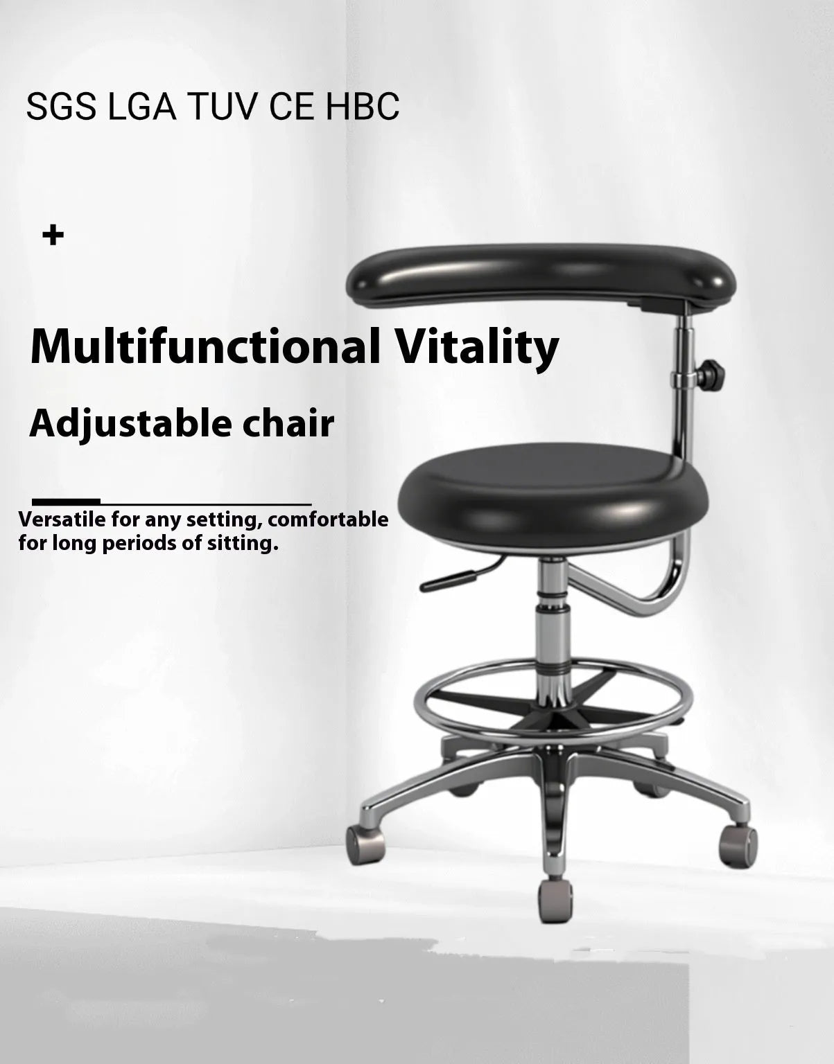 Black leather dental patient chair with adjustable height and base wheels