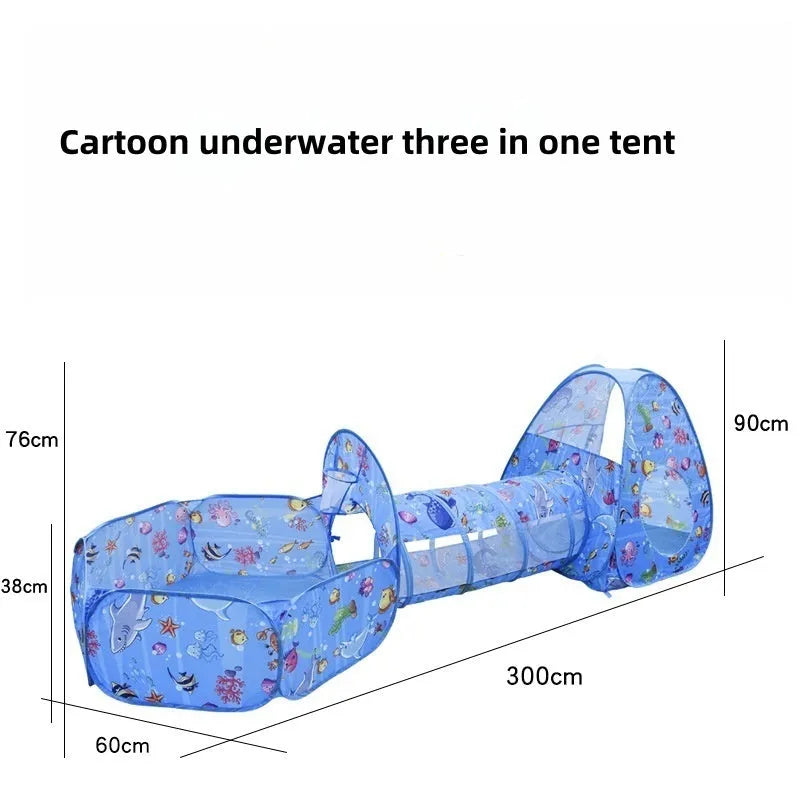 Three-piece children's play tent centre with integrated ball pool and tunnel in colourful cartoon design
