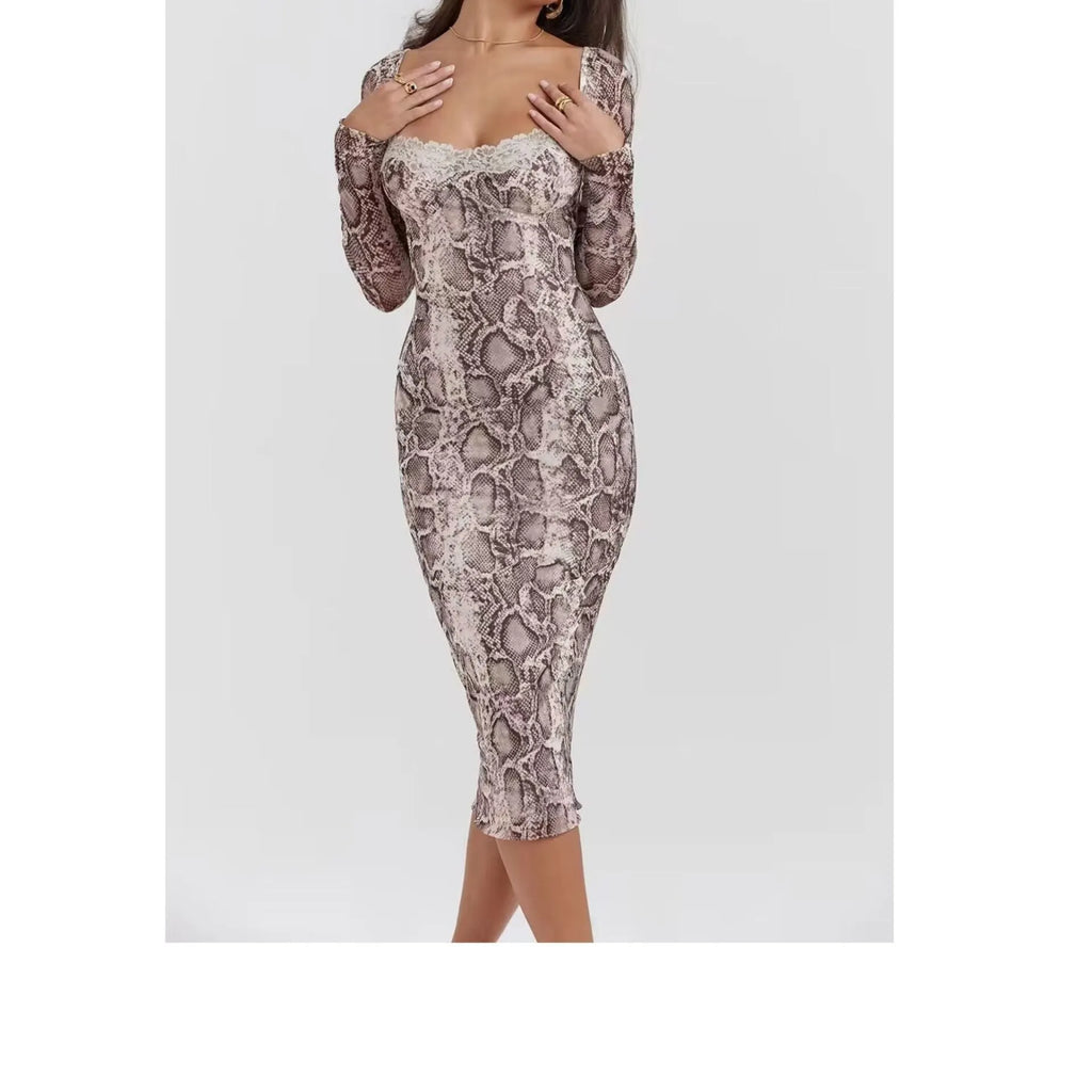 Grey slim fit lace dress with 3D digital print pattern and long sleeves on mannequin
