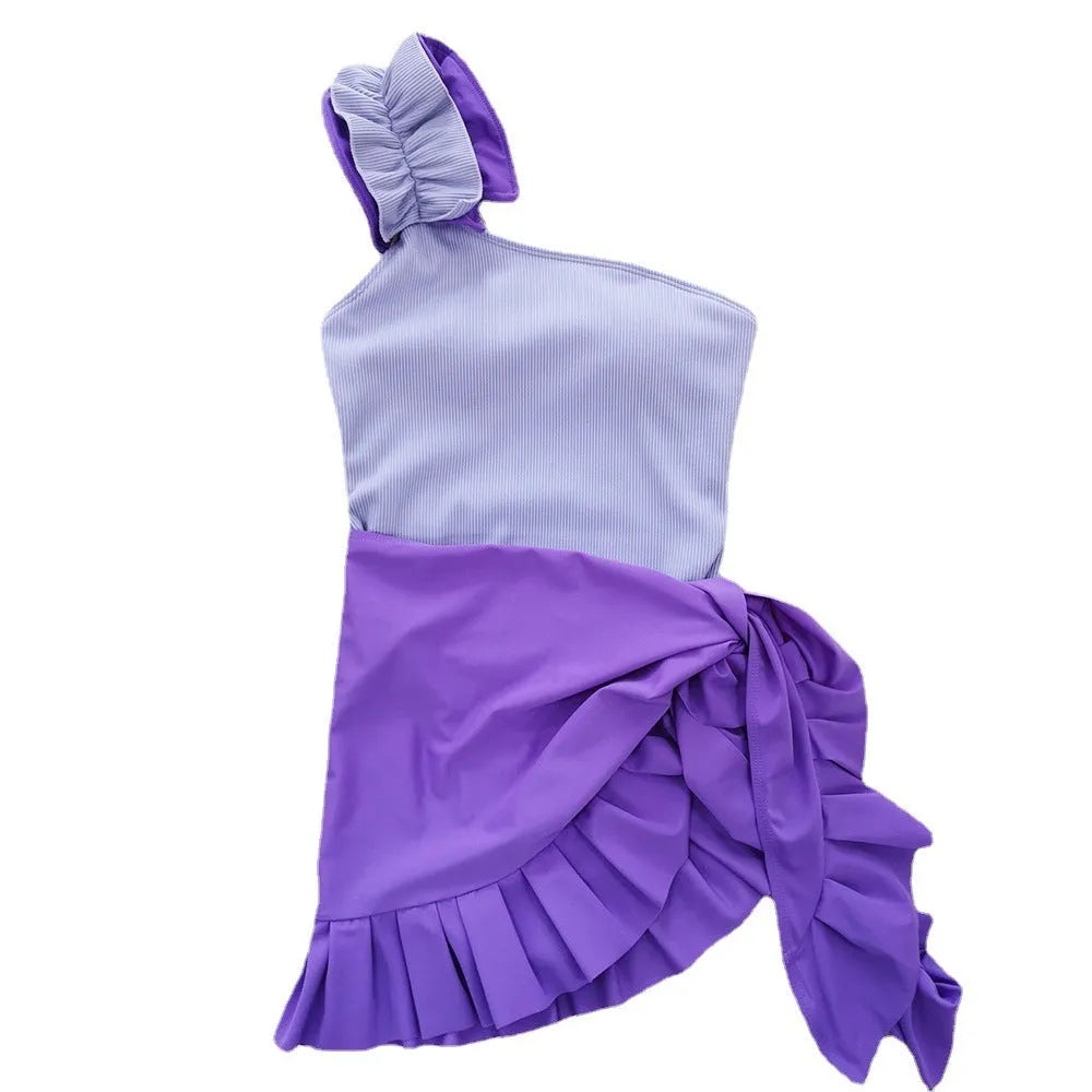 Women's single-shoulder tube top one-piece swimsuit with high waist in solid colour.