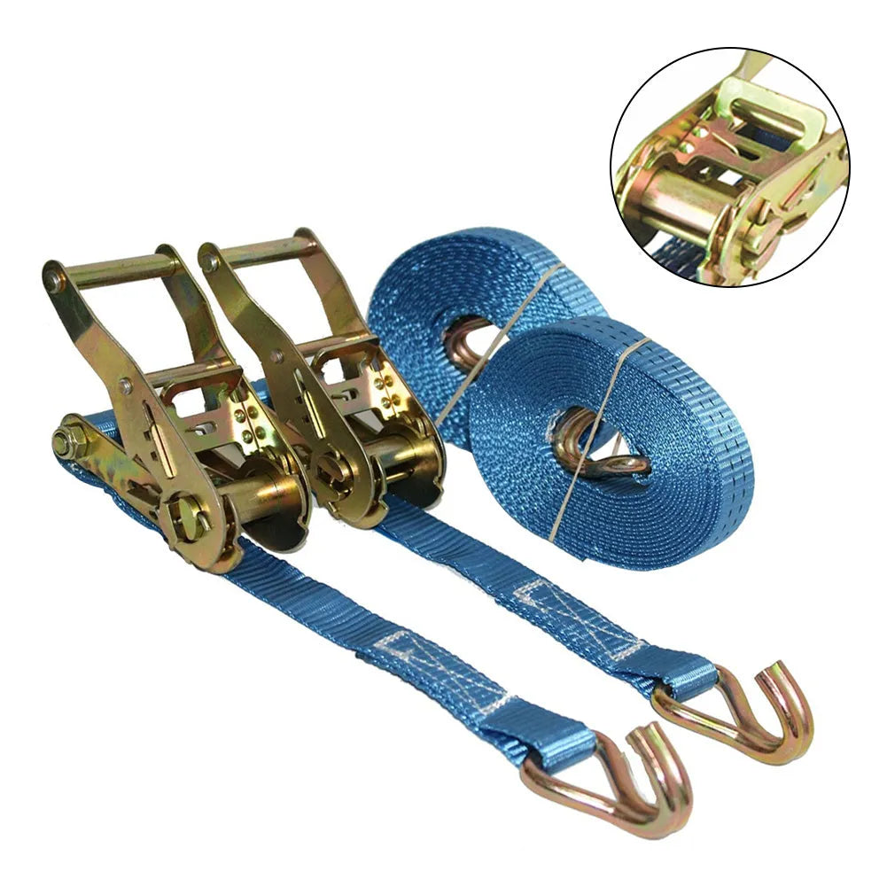Ratchet tensioner double hook fastening strap with steel hardware and polyester webbing for cargo binding