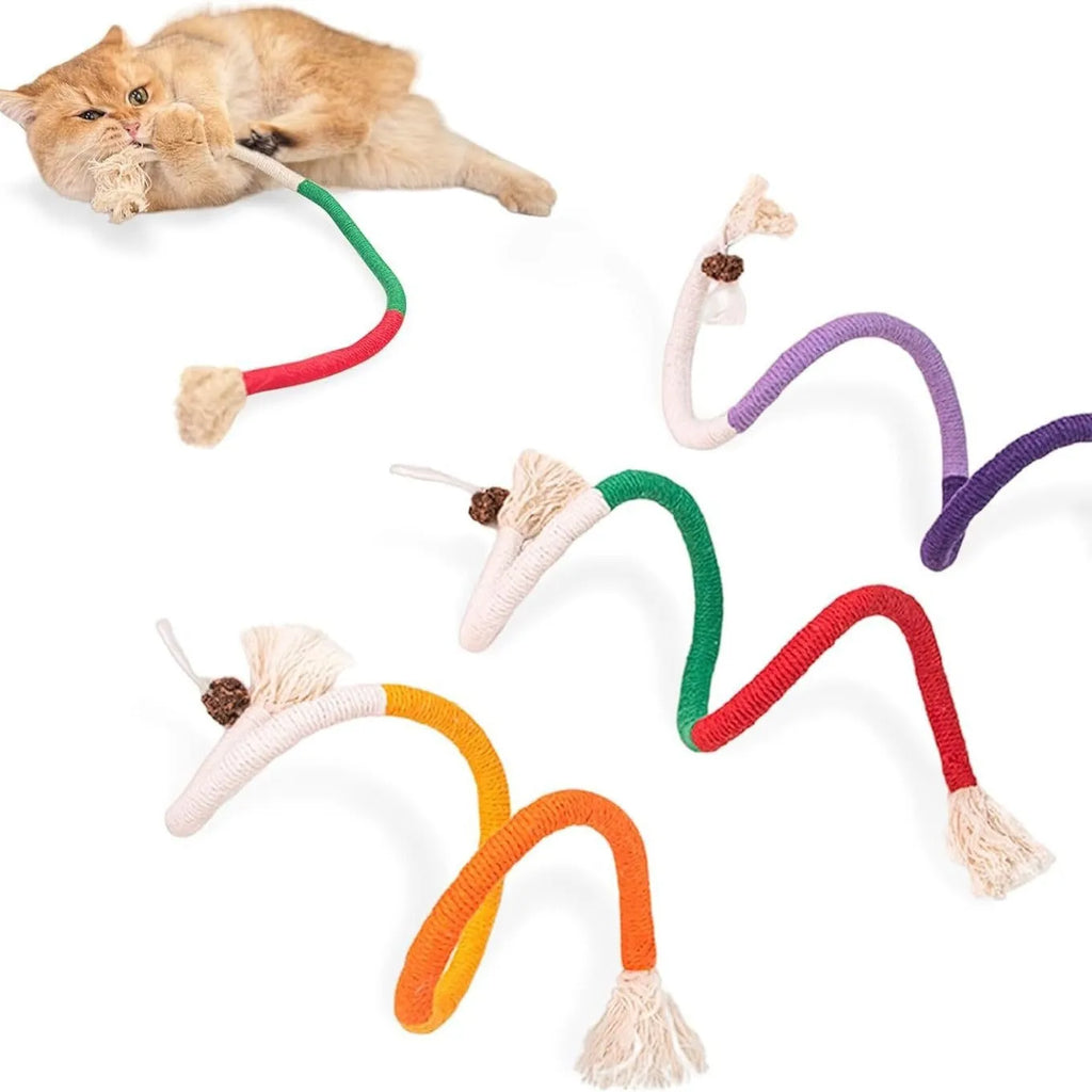 70cm cotton bite rope cat toy in three colour combinations: purple, orange, and red with green