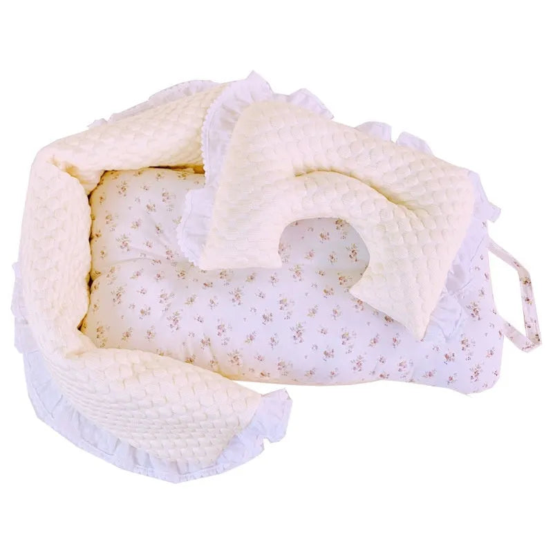 Pet stroller three-piece accessory set showing anti-dirty towel, cushion, and pillow in cotton cloth with floral pattern