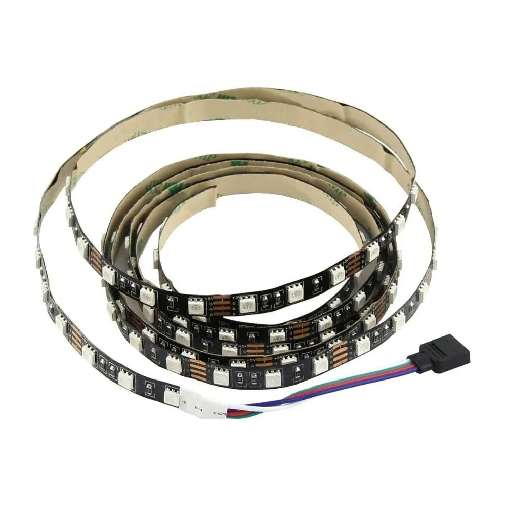USB-powered flexible LED light strip showing multiple colour options including white, blue, and red illumination