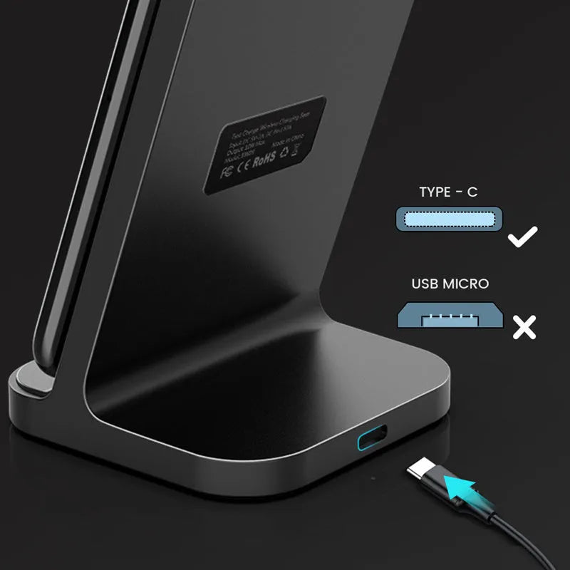 Dark grey vertical wireless charging stand for Apple iPhones on desktop