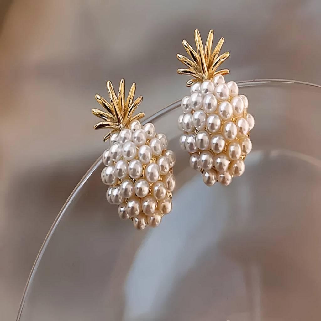 Korean style pineapple starfish pearl earrings with alloy electroplated finish and artificial gemstone inlays