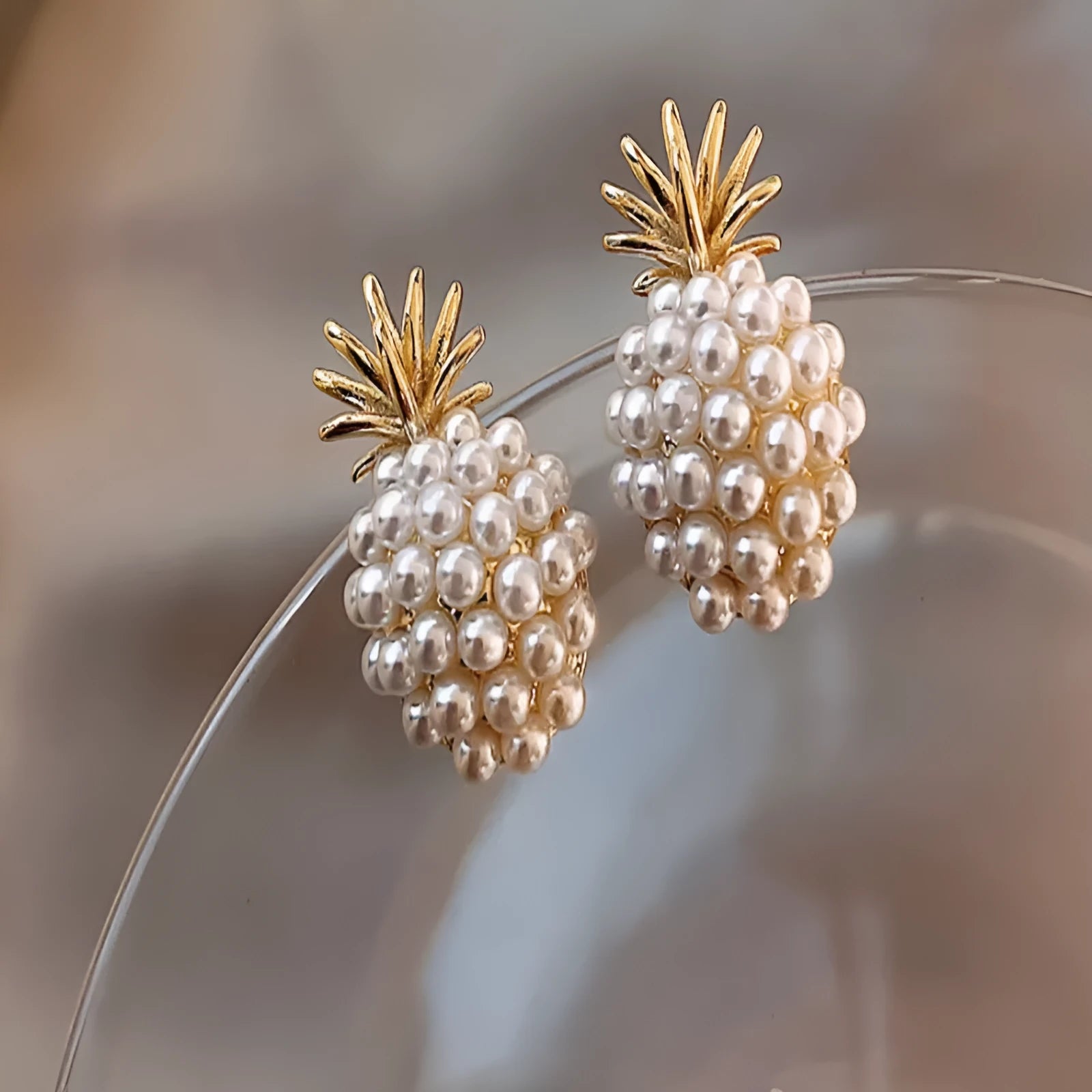 Korean style pineapple starfish pearl earrings with alloy electroplated finish and artificial gemstone inlays