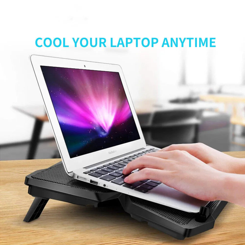 Blue laptop cooling base with four LED fans and dual USB ports