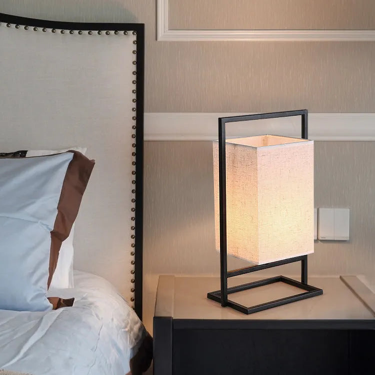 Modern bedroom bedside lamp with fabric shade, button switch, black or white finish, 220V