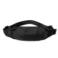 Black Oxford cloth men's waist pack with crossbody strap, shown with zipper open revealing phone and ID pockets.