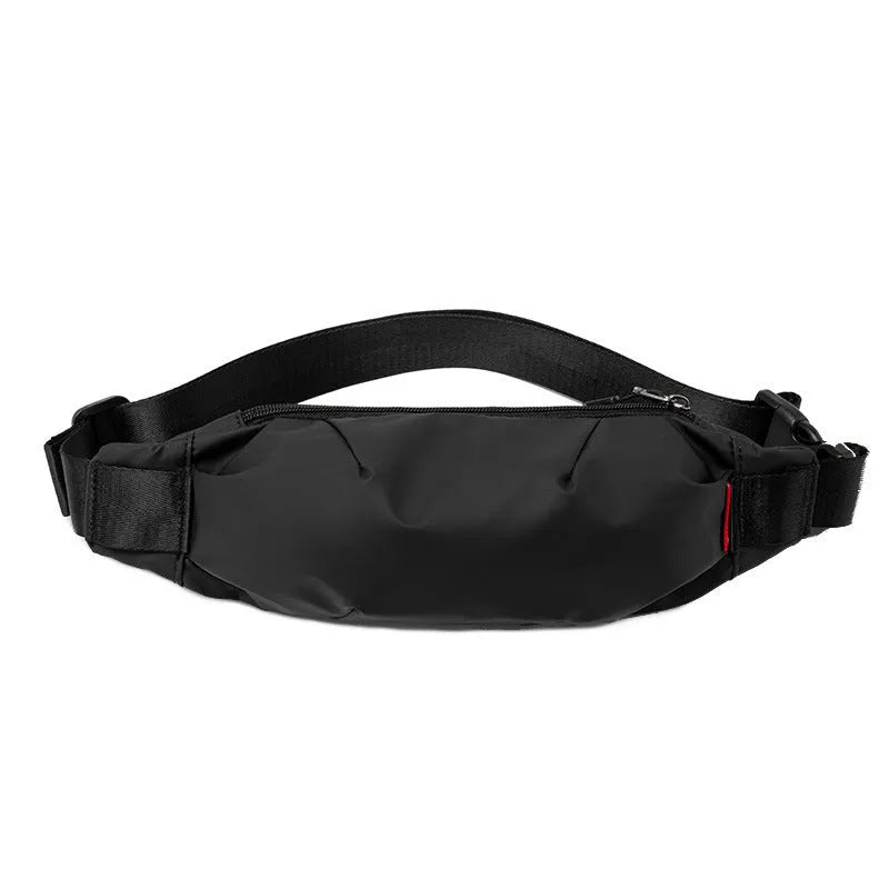 Black Oxford cloth men's waist pack with crossbody strap, shown with zipper open revealing phone and ID pockets.