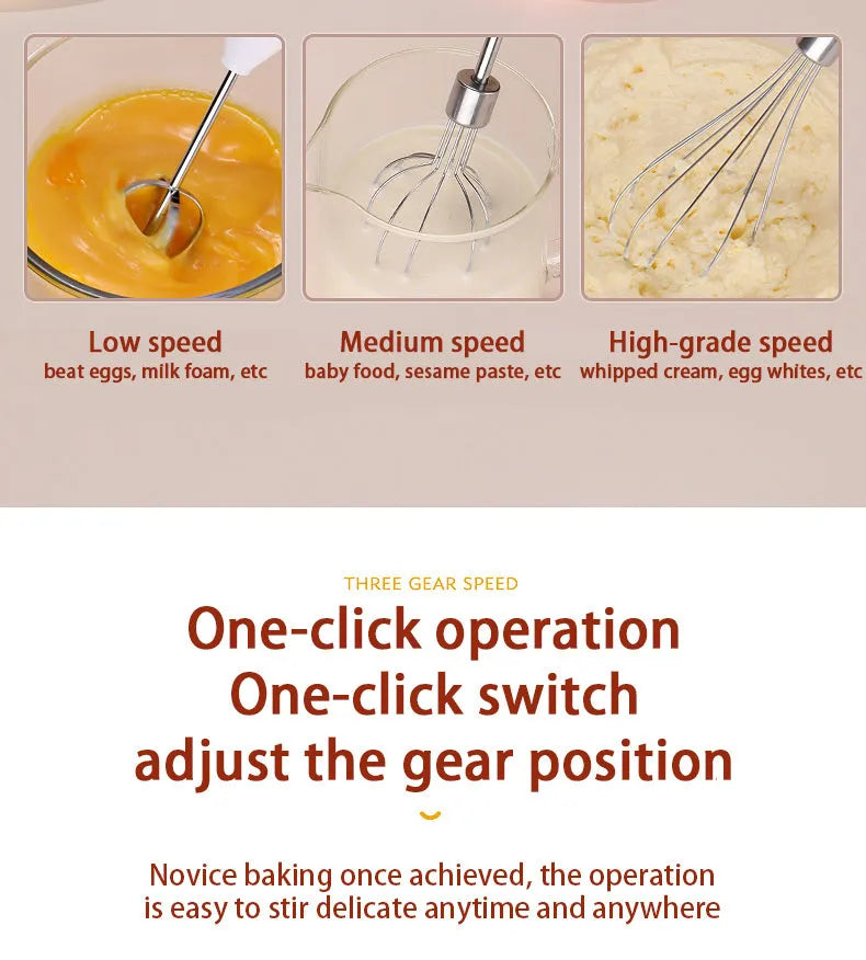 Hand-held wireless electric whisk in black and pink, with straight handle and stainless steel whisk attachment