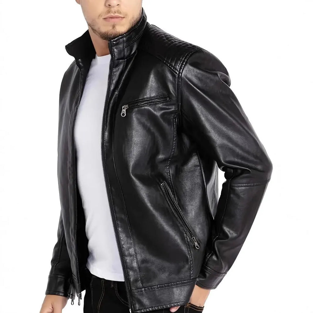 Man wearing a brown artificial leather punk-style motorcycle jacket with a stand collar.