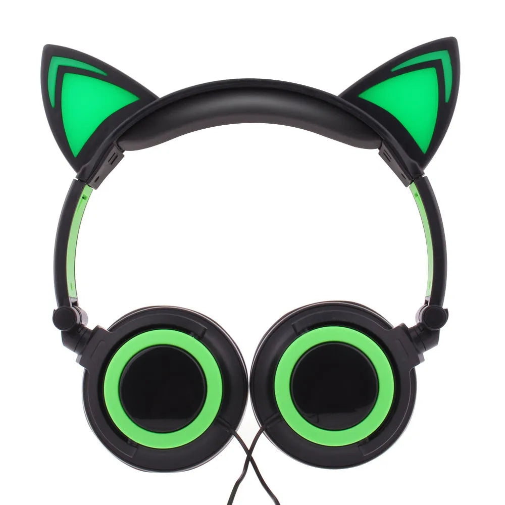 LED illuminated cat ear headphones in various colours showing lighted ears and cushion, with 3.5mm cable.