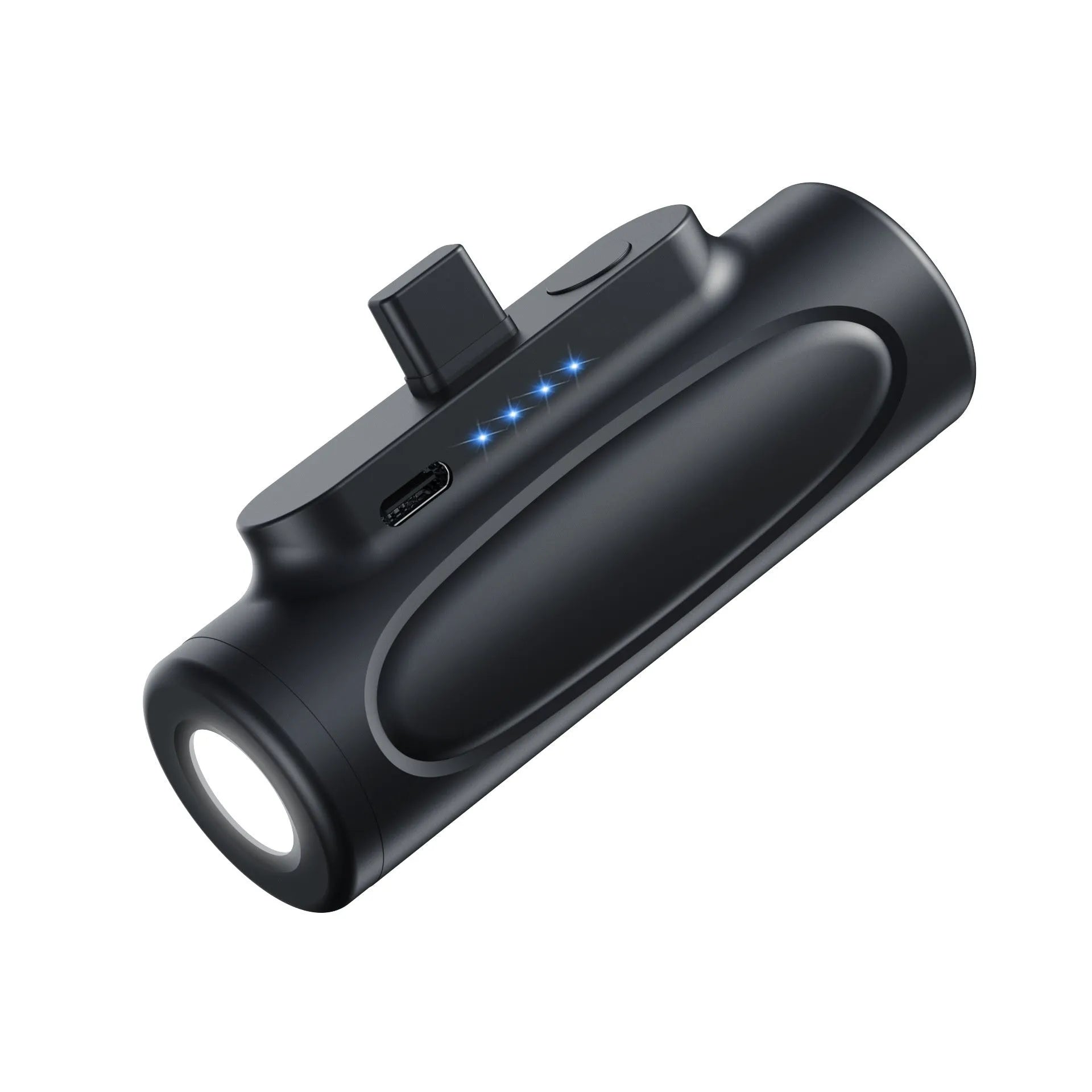 Black and pink portable power bank with integrated LED flashlight, showing Type-C and Apple port options.