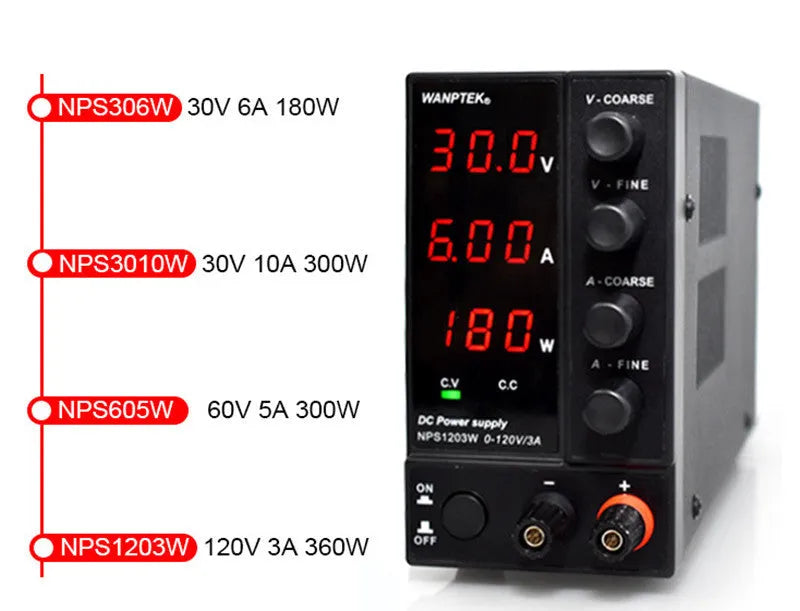 White NPS605W adjustable DC bench power supply with digital displays for voltage and current settings.