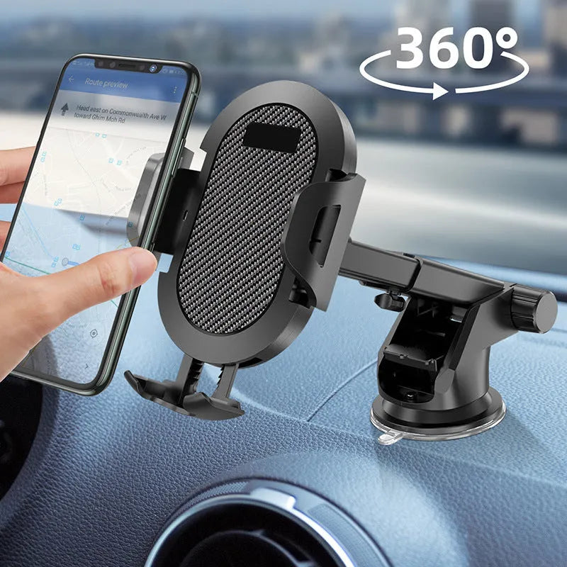 Black and grey auto-lock car phone holder mounted on a car air vent.