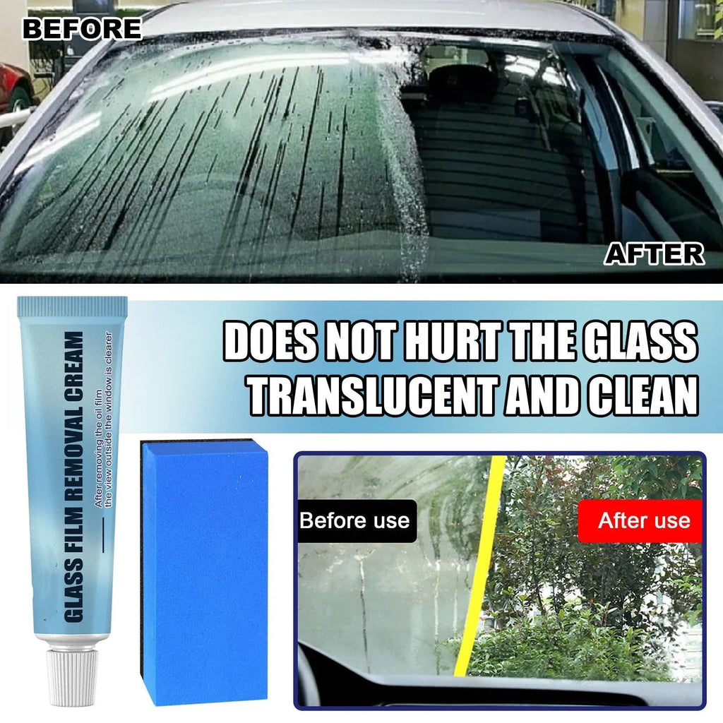 Blue car glass oil film remover and soft sponge brush for windshield cleaning