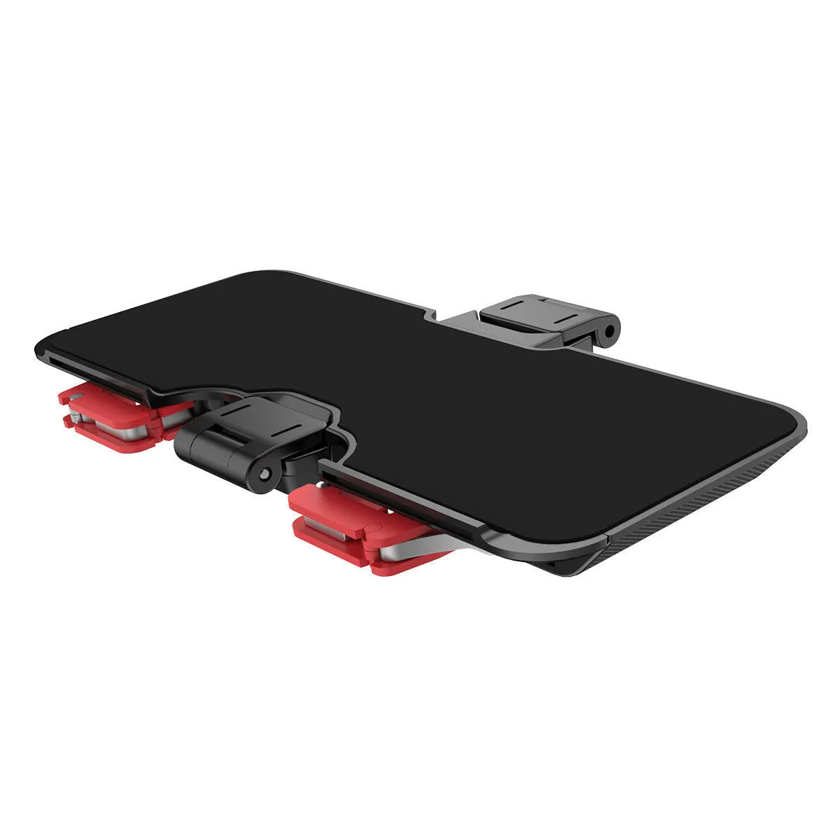 Black mobile phone gaming bracket with a metal trigger and telescopic fixing clip for phones.