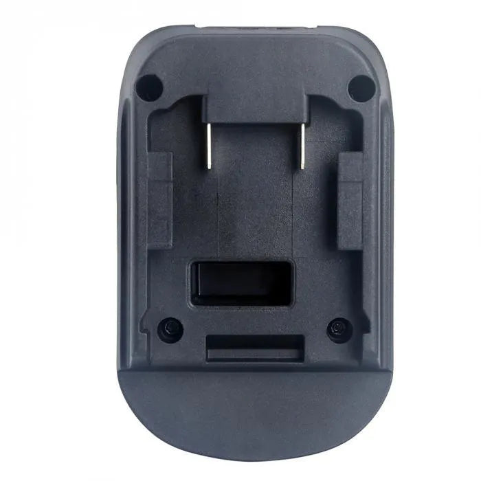Black battery adapter connecting Milwaukee DM18M tools to Makita H99F batteries