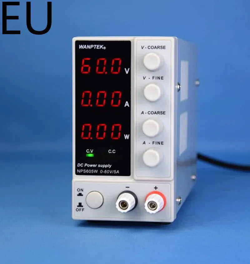 White NPS605W adjustable DC bench power supply with digital displays for voltage and current settings.