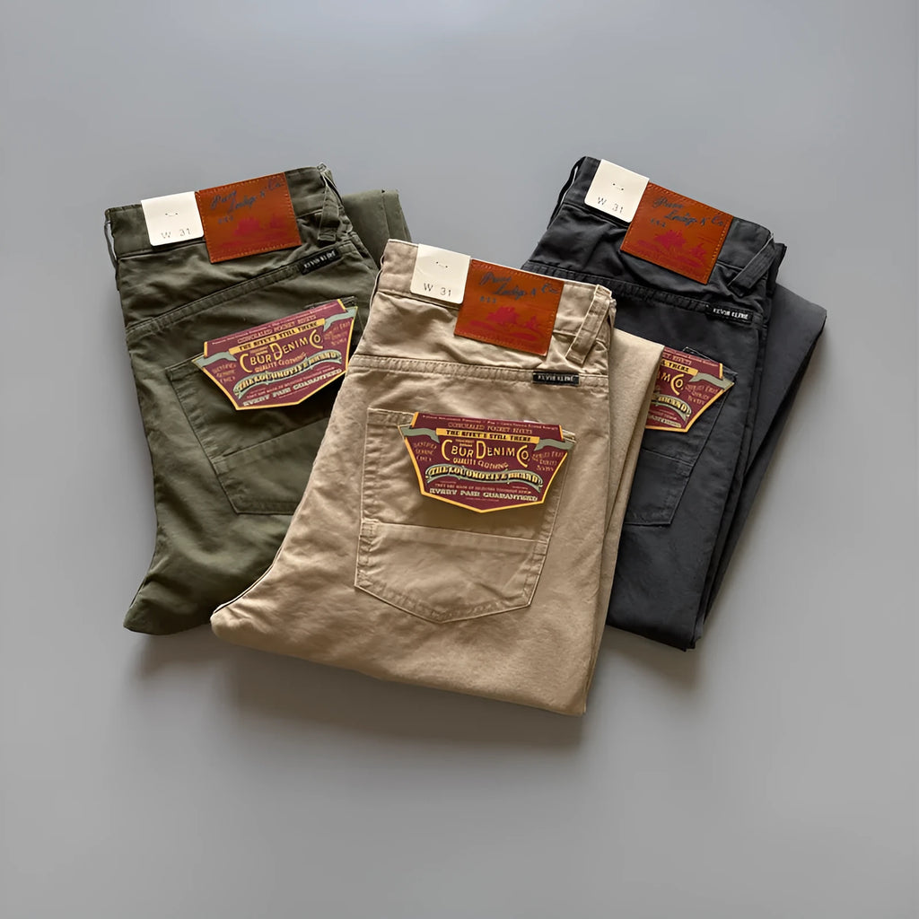 Men's straight-leg casual cotton trousers in grey, shown flat.