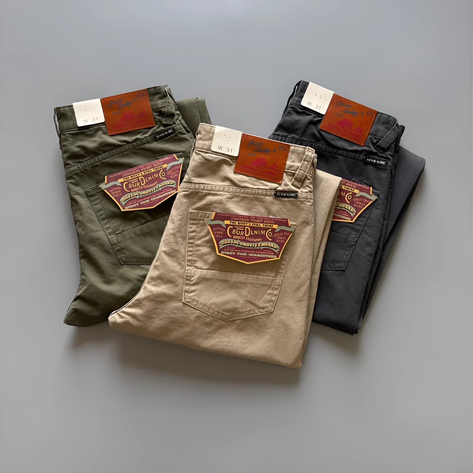 Men's straight-leg casual cotton trousers in grey, shown flat.