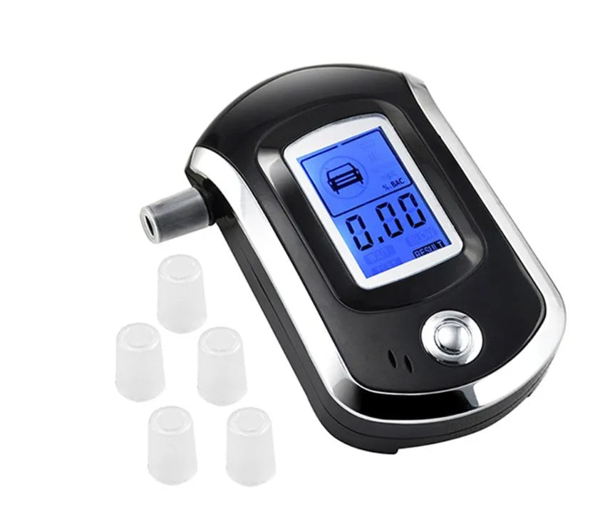 Black pen-type breath alcohol tester with digital screen and five mouthpieces