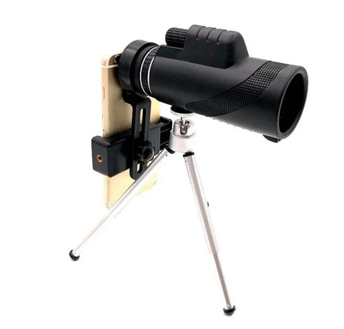 Black 40x60 monocular telescope with smartphone compatibility showing 40x magnification and waterproof construction