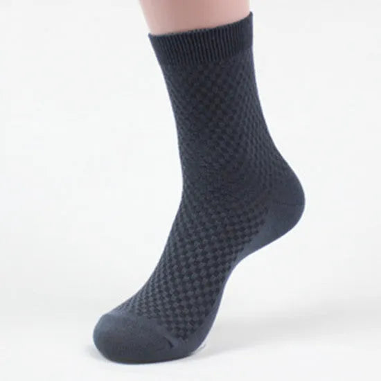 Men's bamboo fibre business socks in a small square pattern, shown in silver grey colour.