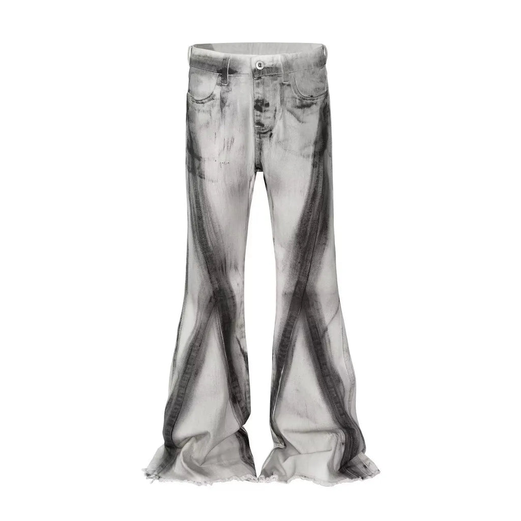 White denim jeans with a black ribbon gradient detail, showing a mid-waist fit and zip fly.