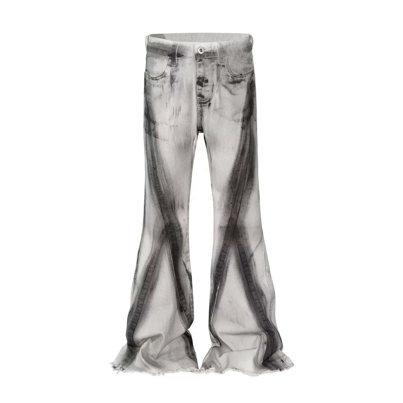 White denim jeans with a black ribbon gradient detail, showing a mid-waist fit and zip fly.