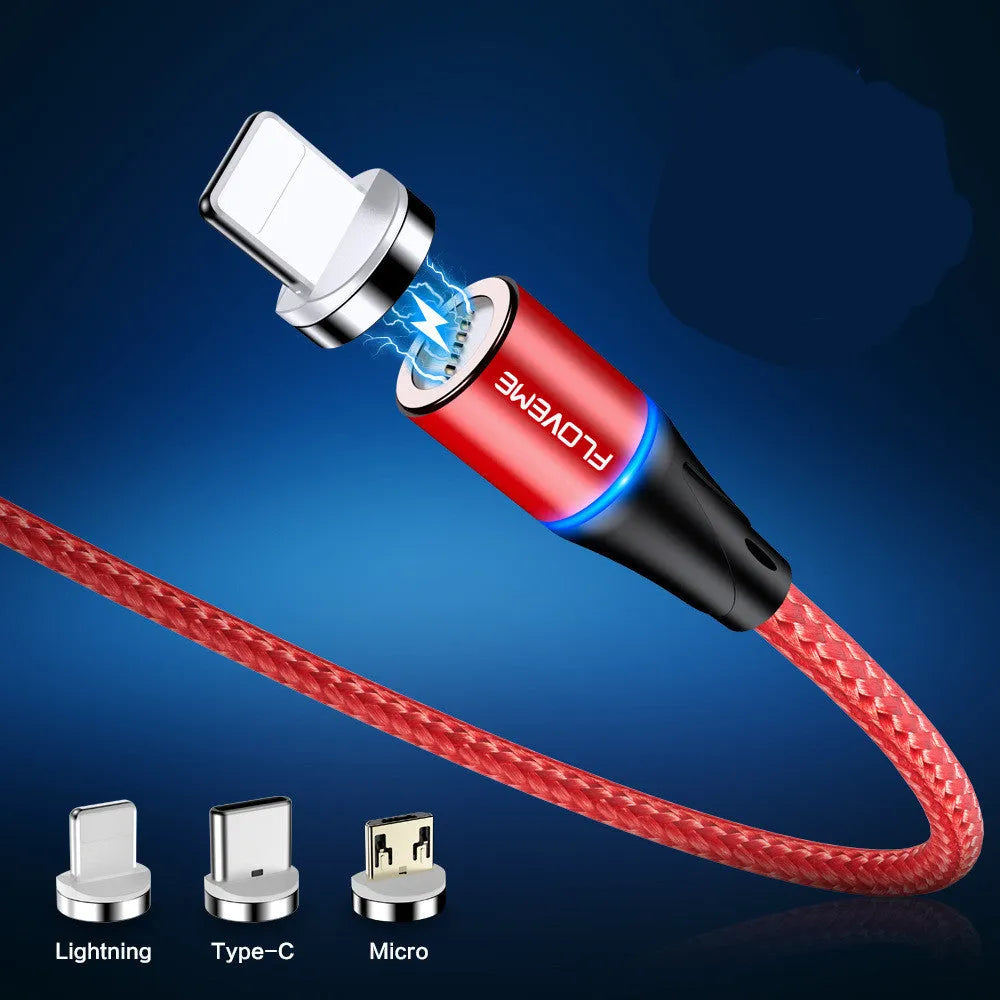 Black magnetic USB fast-charging cable with LED light, compatible with Apple iPhone and Android phones