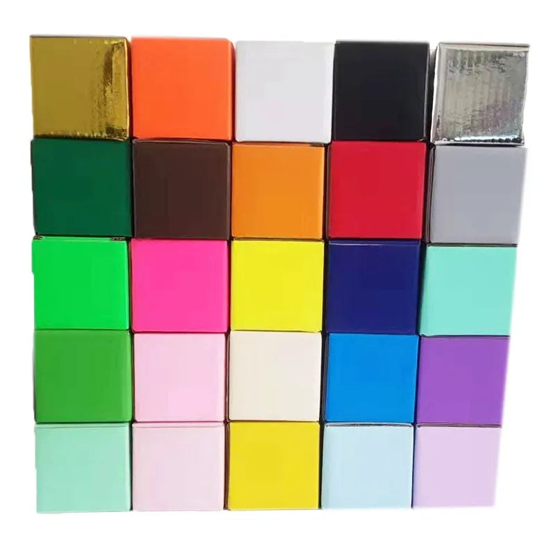 Square corrugated cardboard packaging box in black, brown, grey, and white colour options on a white background.