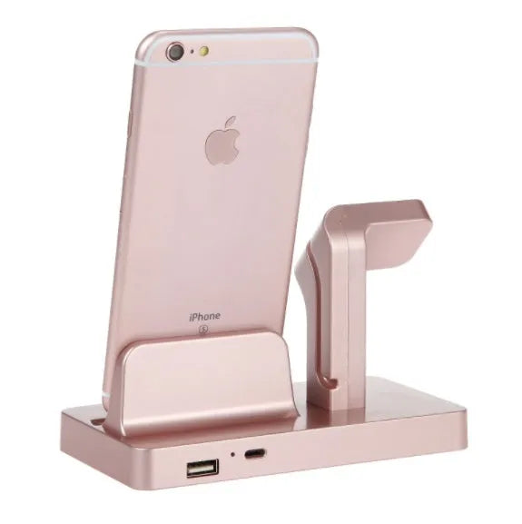 White 2-in-1 charging dock holding an iPhone and Apple Watch with anti-slip silicone pads