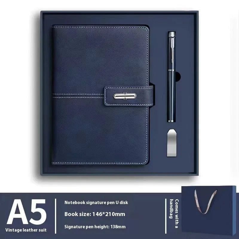 A5 notebook with PU leather cover in various colours including black, red, green, blue, and orange