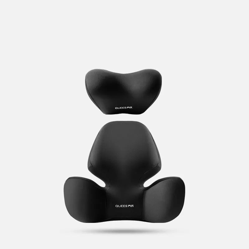 Black and grey memory foam car seat lumbar support pillow and matching headrest cushion on a car seat
