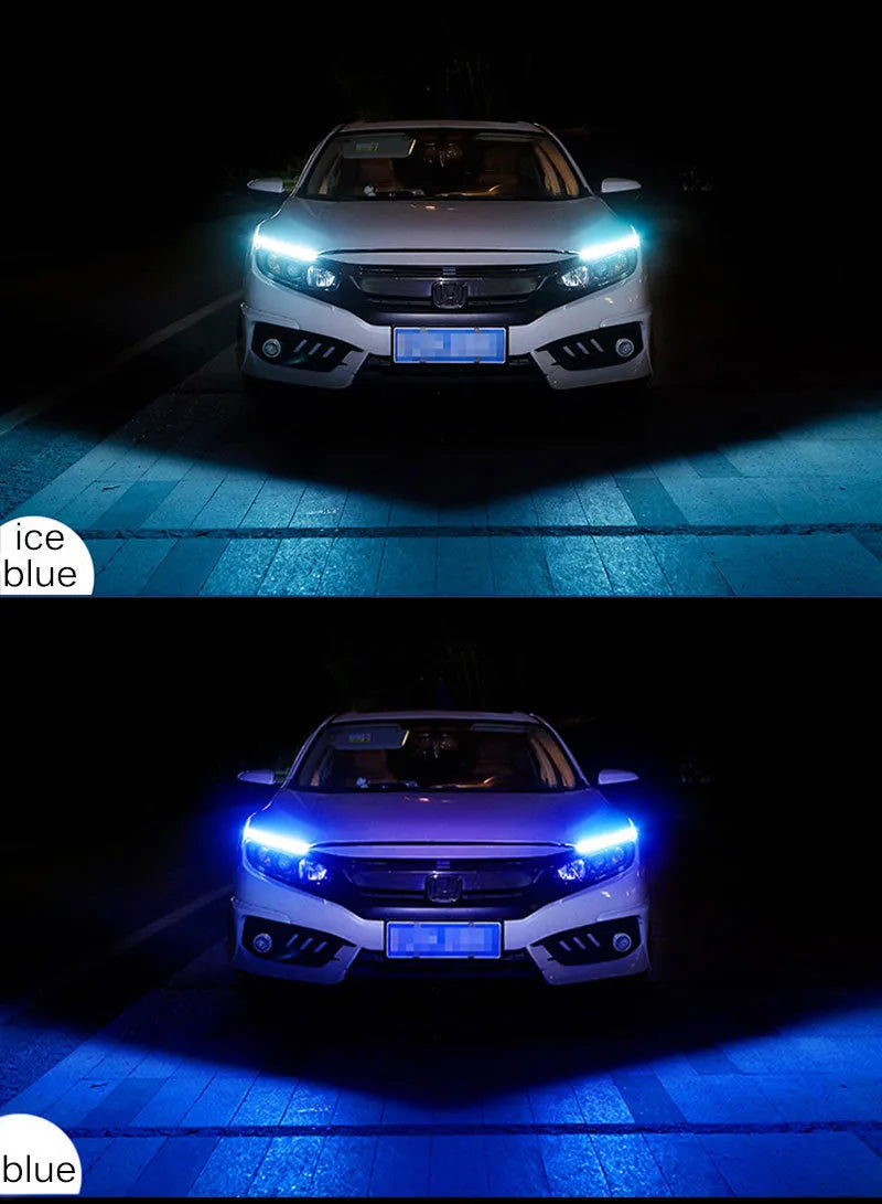 Flexible silicone LED car light strip with daytime running lights and flowing turn signal function