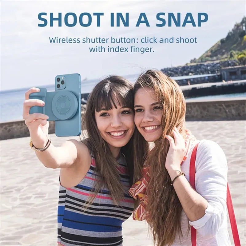 Black magnetic camera handle bracket for smartphone photography with rotatable design and ergonomic grip